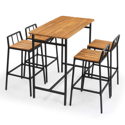 5-Piece Acacia Wood Outdoor Patio Bar Set with 4 Chairs