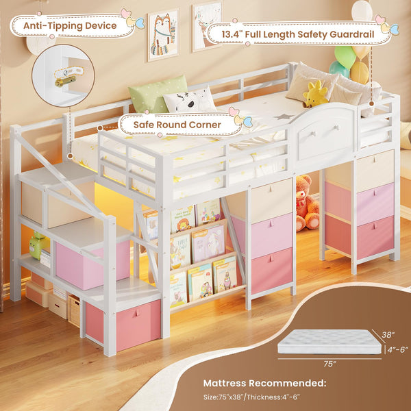 Twin Low Loft Bed with Storage Drawers, Bookcase & LED Lights