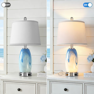 Coastal Glass Table Lamp Set of 2 – 7 Lighting Modes, USB Charging, LED Bulbs Included