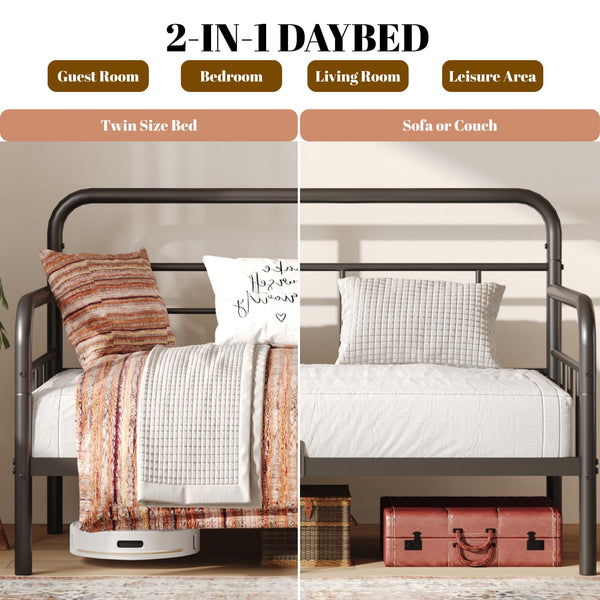 Twin Metal Daybed Frame with Storage and Modern Headboard