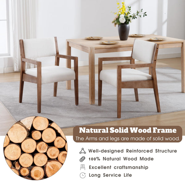 Upholstered Dining Chairs with Arms – Beige Linen & Natural Wood