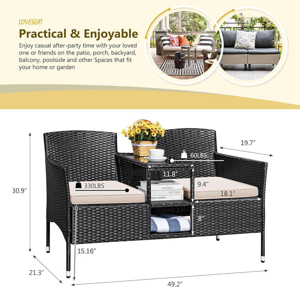 Outdoor Rattan Loveseat with Built-In Table & Storage