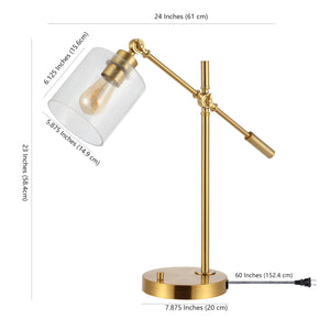 Adjustable Brass Gold Desk Lamp with USB Charging Port and Seeded Glass Shade