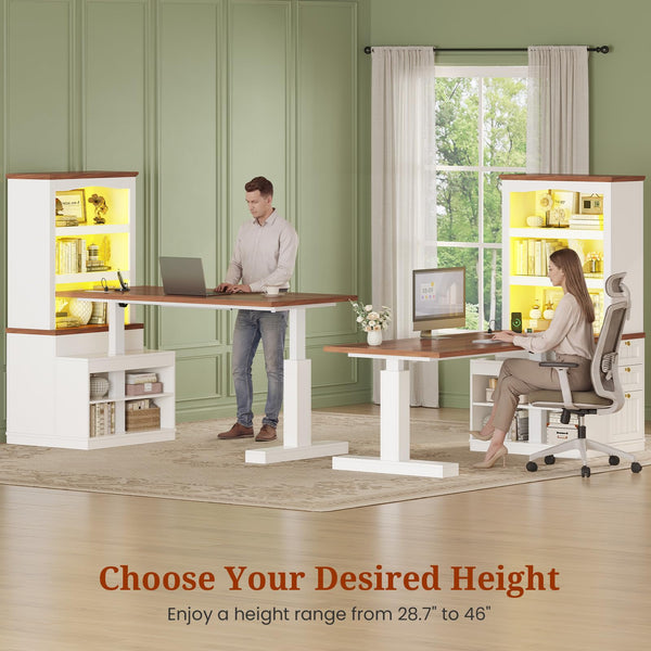 Electric Standing Desk with Bookcase, Drawers & Power Outlets