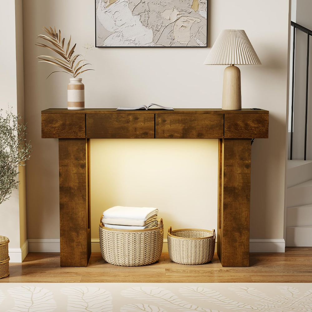 47" Farmhouse Console Table with LED Light, Drawers & Charging Station