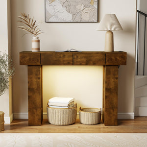 47" Farmhouse Console Table with LED Light, Drawers & Charging Station