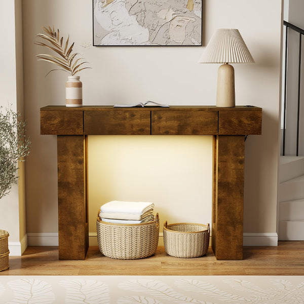 47" Farmhouse Console Table with LED Light, Drawers & Charging Station