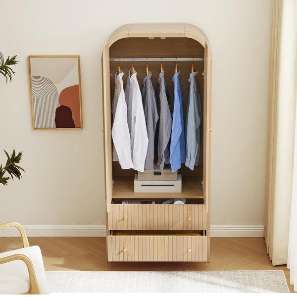 Arched Wardrobe Closet with Hanging Rod and 2 Drawers