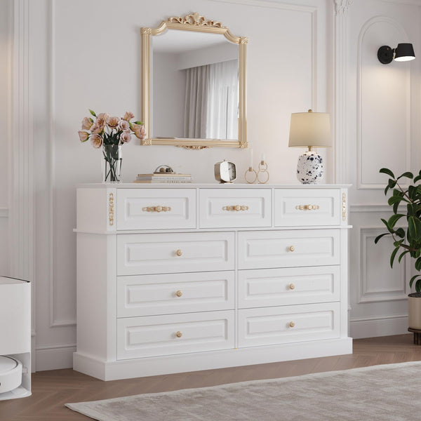9-Drawer Dresser with Gold Knobs – Wide Bedroom Storage Chest