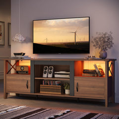 63-Inch Farmhouse TV Stand with LED Lights and Storage Cabinets