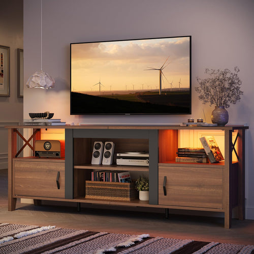 63-Inch Farmhouse TV Stand with LED Lights and Storage Cabinets