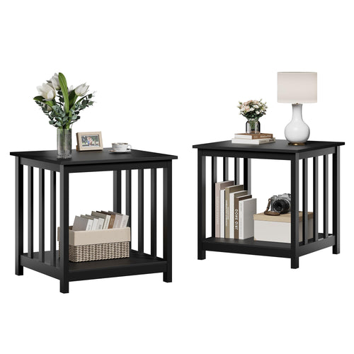 End Tables Living Room Set of 2 – Black Square Side Tables with 2-Tier Storage