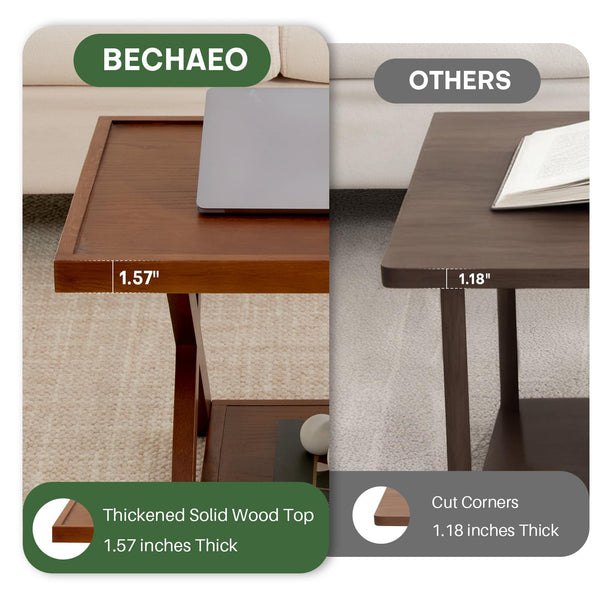 Solid Oak 2-Tier Coffee Table with X-Shaped Base