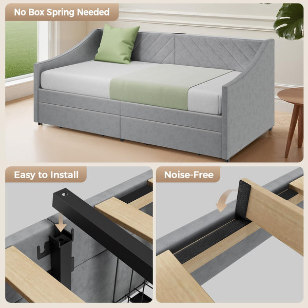 Twin Size Upholstered Daybed with Storage Drawers and Charging Station