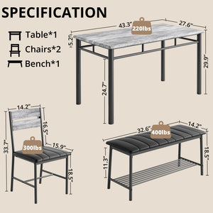 4-Piece Industrial Dining Table Set with Upholstered Bench and 2 Chairs