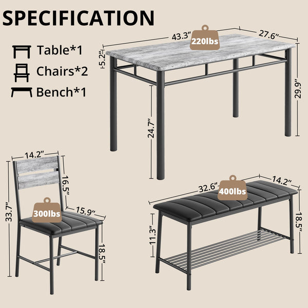 4-Piece Industrial Dining Table Set with Upholstered Bench and 2 Chairs