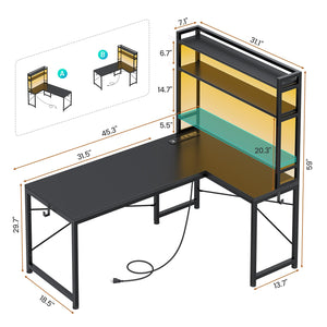 L-Shaped Corner Desk with Power Outlet & LED Lights