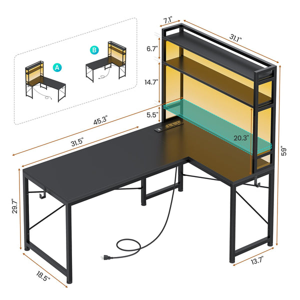 L-Shaped Corner Desk with Power Outlet & LED Lights