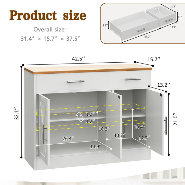 43" Sideboard Buffet Cabinet with Drawers and Adjustable Shelves