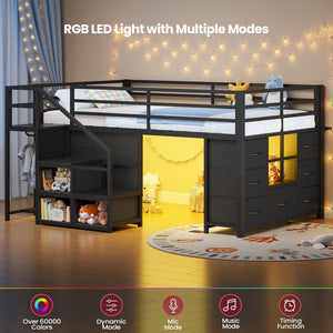 Kids Low Loft Bed Twin with Stairs, LED Lights & Storage