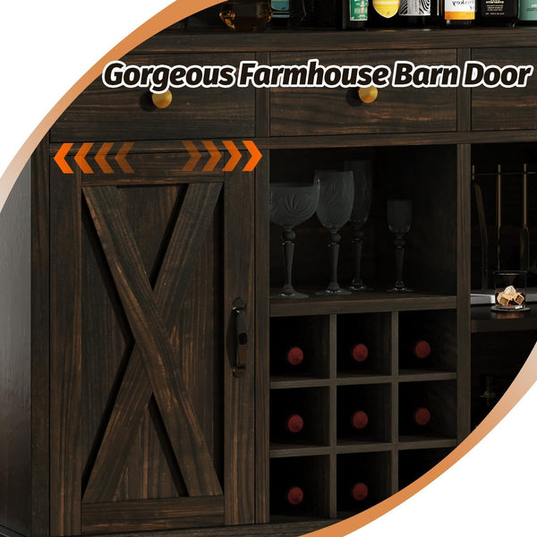 52-Inch Farmhouse Bar Cabinet with Wine Rack & Storage