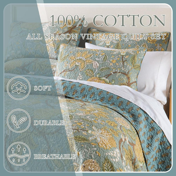 Floral Cotton Quilt Set – Reversible Bedspread Coverlet