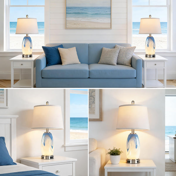 Coastal Glass Table Lamp Set of 2 – 7 Lighting Modes, USB Charging, LED Bulbs Included