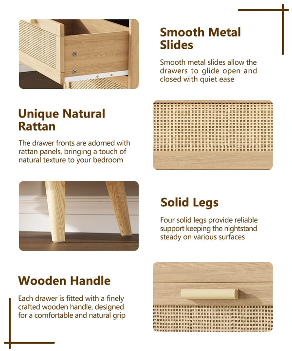 Rattan Nightstand with Charging Station & 2 Drawers