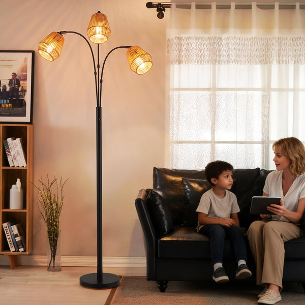 Arc Floor Lamp with Rattan Shades & Rotatable Arms