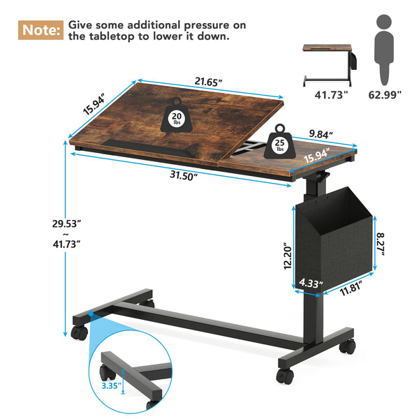 Height Adjustable C-Shaped End Table with Wheels & Tiltable Top