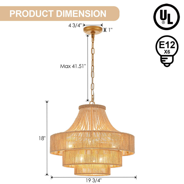 20" Boho Wood Beaded Rattan Chandelier Pendant Light, 6-Light