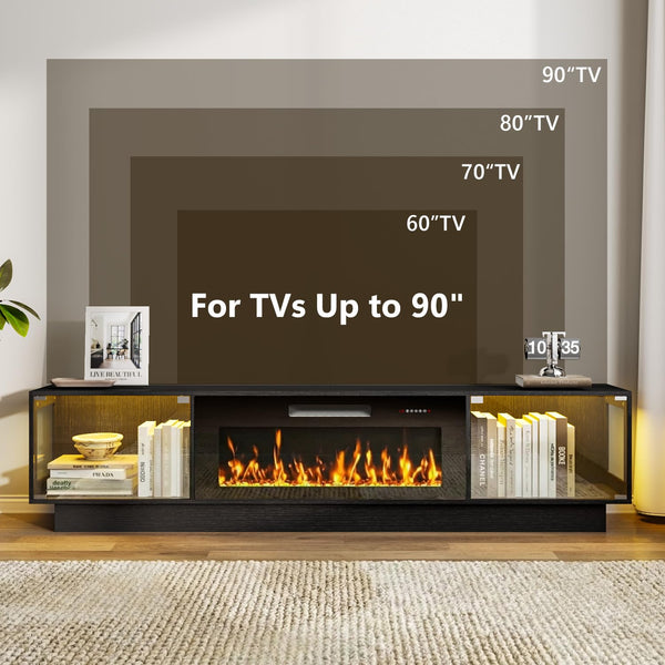 80" Electric Fireplace TV Stand with Glass Cabinets & LED Lighting