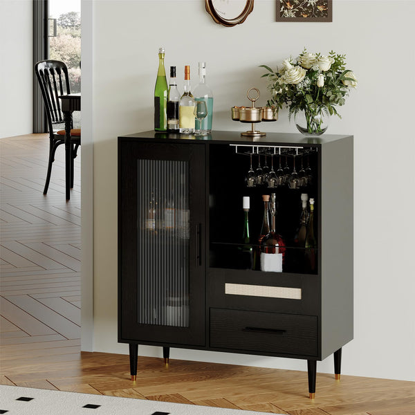 Wine Bar Cabinet with Tempered Glass Doors & Stemware Rack