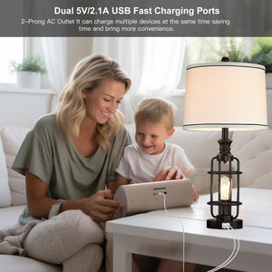 Farmhouse Table Lamp Set of 2 with USB Charging Ports & Rotary Switch