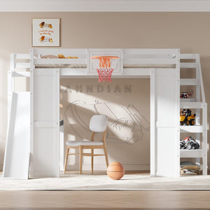 Full Size Kids Loft Bed with Slide, Desk & Storage