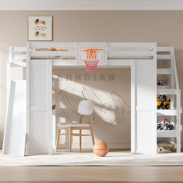 Full Size Kids Loft Bed with Slide, Desk & Storage