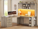 L-Shaped Desk with Hutch, Drawers, Storage Shelves & LED Lights – Grey