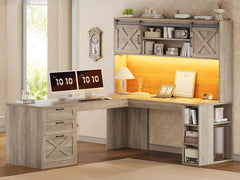 L-Shaped Desk with Hutch, Drawers, Storage Shelves & LED Lights – Grey
