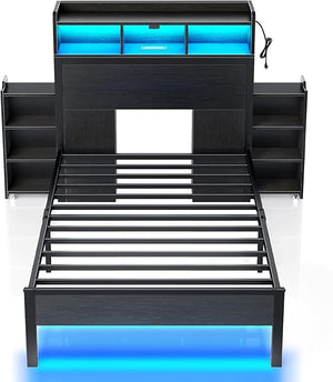 Metal Bed Frame with Storage Headboard, LED Lights & Charging Station