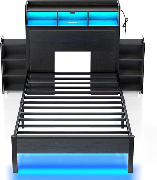 Metal Bed Frame with Storage Headboard, LED Lights & Charging Station
