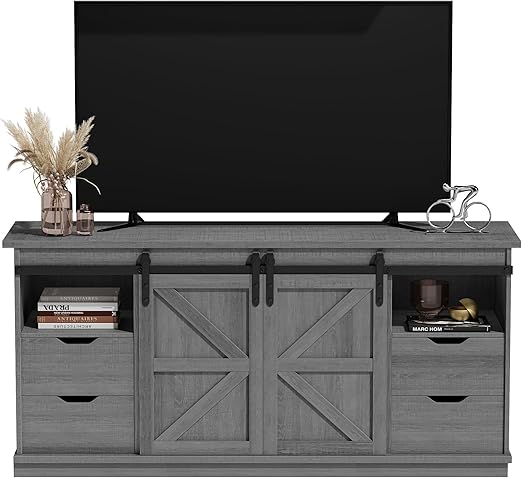 58" Farmhouse TV Stand with Barn Doors & 4 Drawers