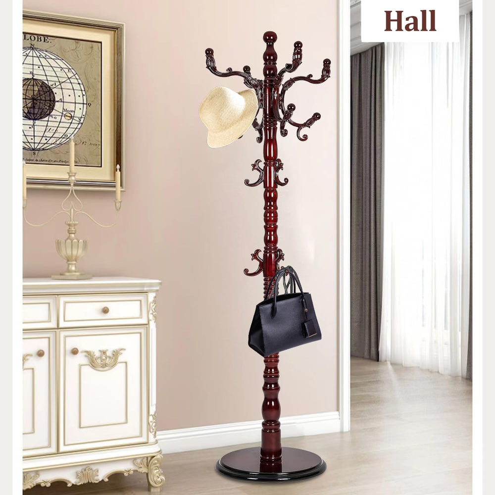 Freestanding Wooden Coat Rack with 14 Hooks
