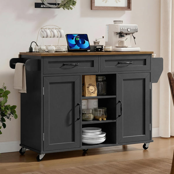 Kitchen Island with Power Outlets & Drop Leaf