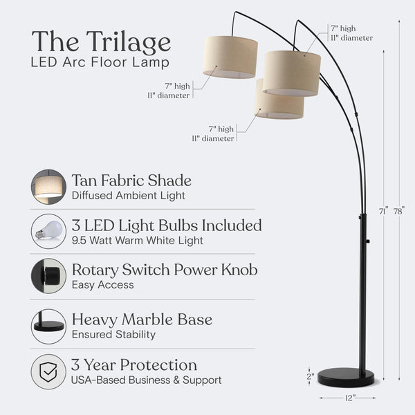 Arc Floor Lamp with 3 Fabric Shades & Marble Base
