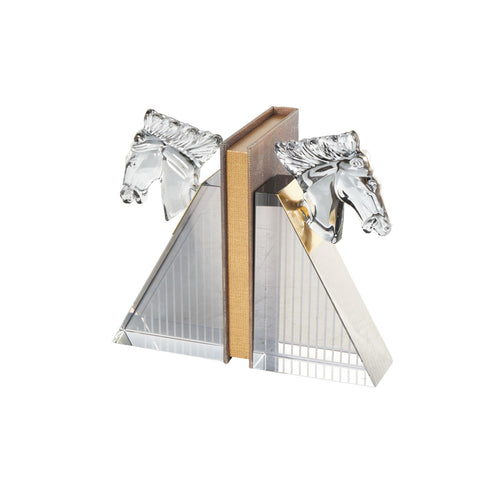 Clear Glass Horse Bookends Set of 2 with Pyramid Base