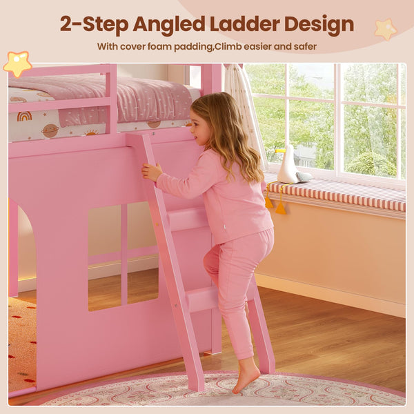 Kids Twin Low Loft Bed with Tent, Drawers & LED Lights