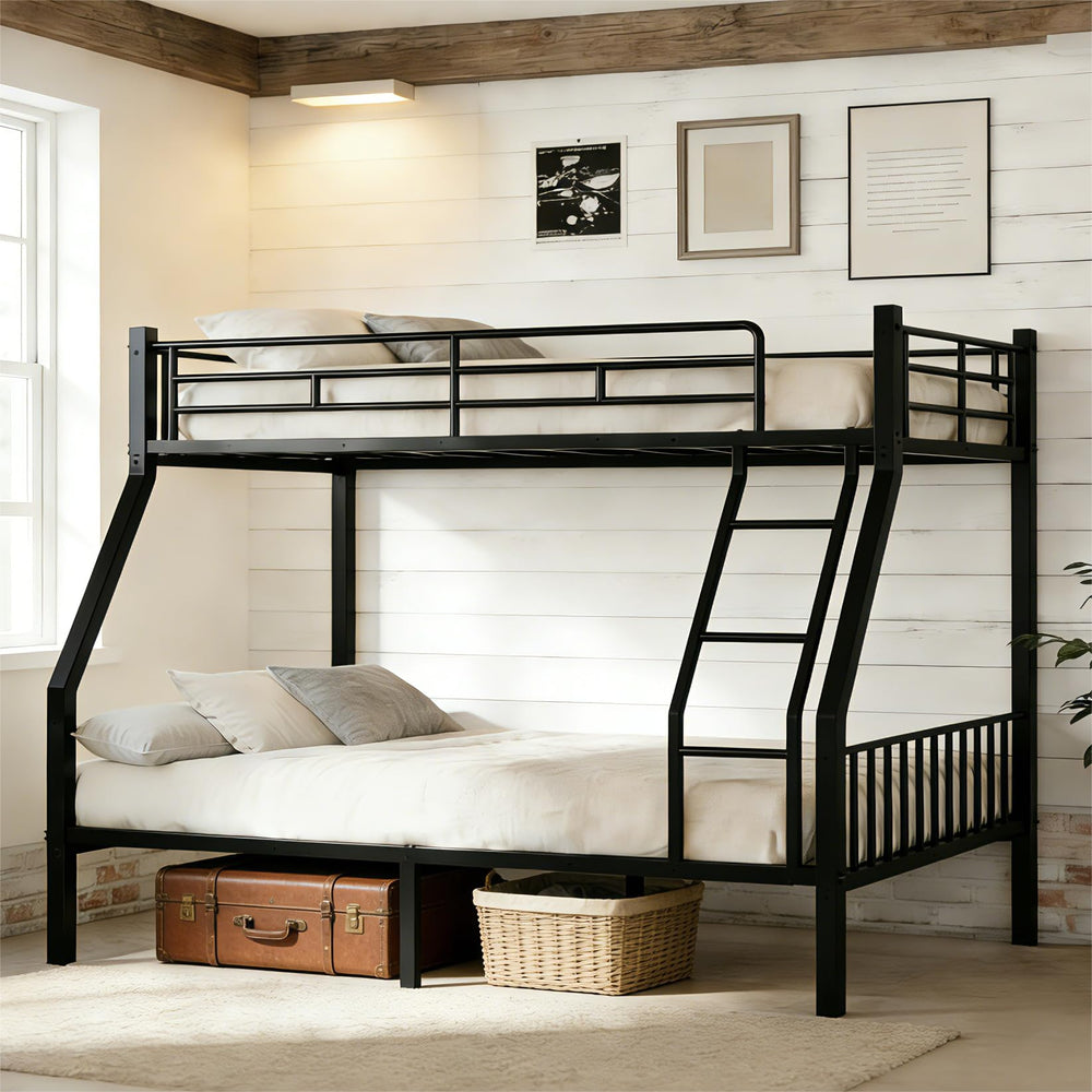 Twin XL Over Queen Metal Bunk Bed with Guardrails and Padded Ladder
