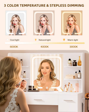 Makeup Vanity Desk with Smart LED Mirror, 7 Drawers & Power Station