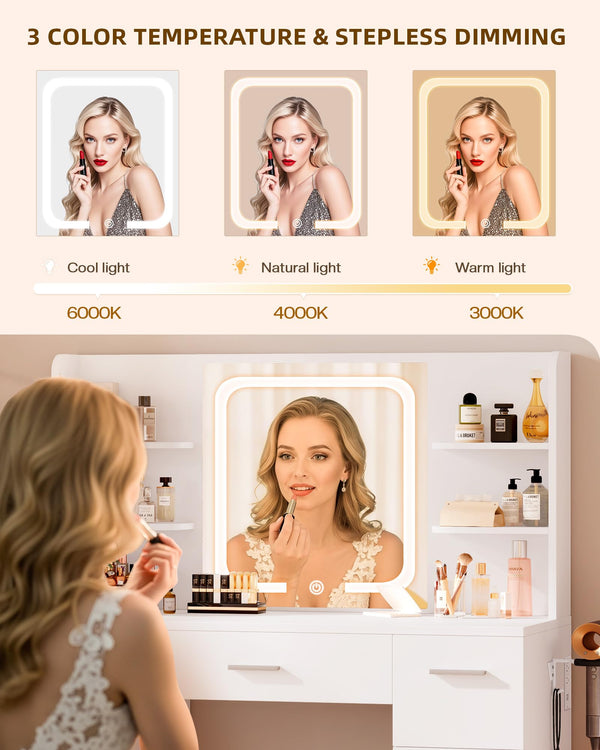 Makeup Vanity Desk with Smart LED Mirror, 7 Drawers & Power Station