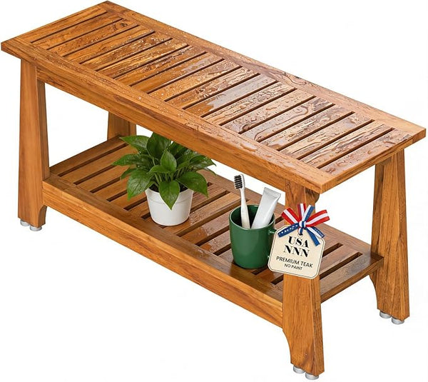 NNN 24" Commercial Teak Shower Bench - 8 Non-Slip Leveling Feet & 350 lbs Capacity | Rock-Solid Stability for Seniors & Spa Safety | Waterproof Design for Saunas/Outdoor Pools (Patented)